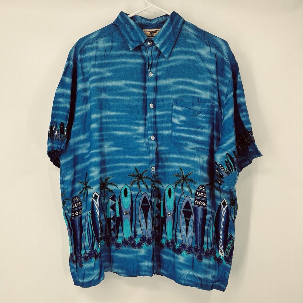 VTG Mens Paradise Gold Hawaiian Shirt XL Blue Surfboards Aloha Beach Cruise